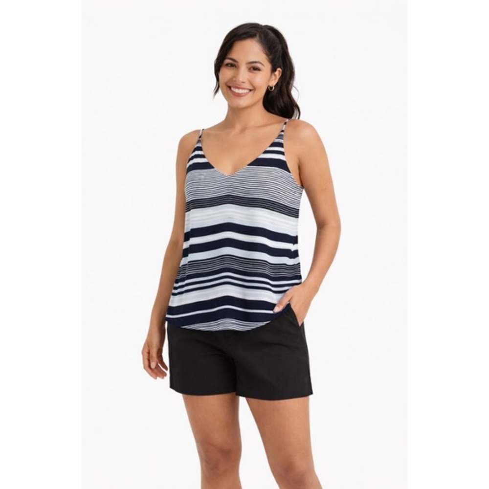 Ann Taylor LOFT Striped V-Neck Cami Tank Top Black White‎ Blue XS Preppy 48-013